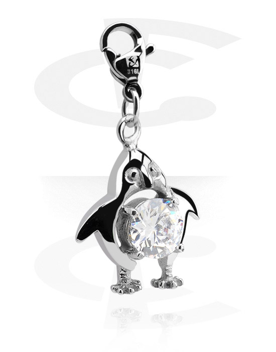 Porte-charms, Pendentif avec motif pinguin et pierre en cristal, Acier chirurgical 316L