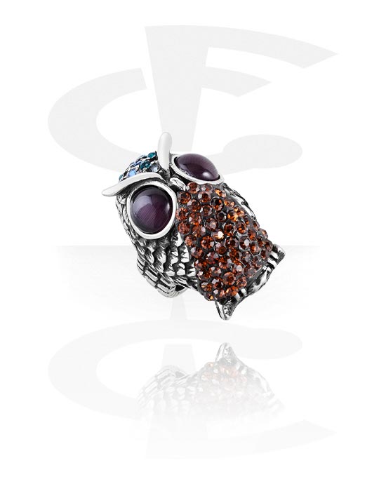Anéis, Anel com design coruja e pedras de cristal, Aço cirúrgico 316L