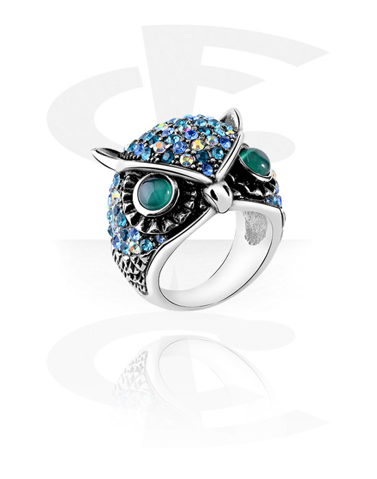 Rings, Ring with owl design and chain with small crystal stones, Surgical Steel 316L