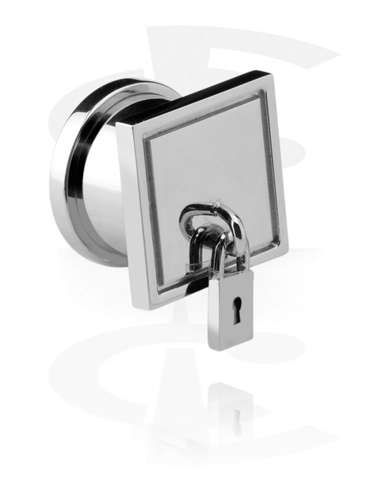 Tunnels & Plugs, Screw-on tunnel (surgical steel, silver, shiny finish) with Padlock, Surgical Steel 316L