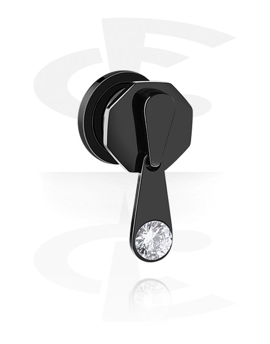 Tunnels & Plugs, Screw-on tunnel (surgical steel, black, shiny finish) with zip and crystal stone, Surgical Steel 316L