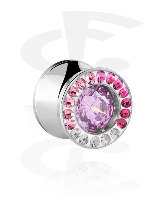 Tunnels & Plugs, Double flared plug (surgical steel, silver, shiny finish) with crystal stones, Surgical Steel 316L