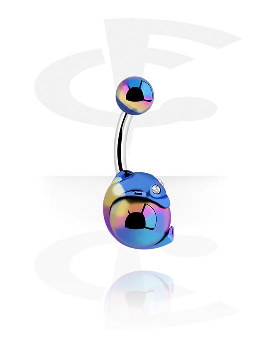 Curved Barbells, Belly button ring (surgical steel, silver, shiny finish) with anodised ball and crystal stone, Surgical Steel 316L