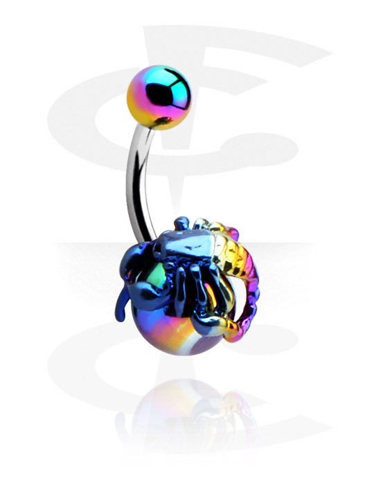 Curved Barbells, Belly button ring (surgical steel, silver, shiny finish) with anodised ball and scorpion design, Surgical Steel 316L