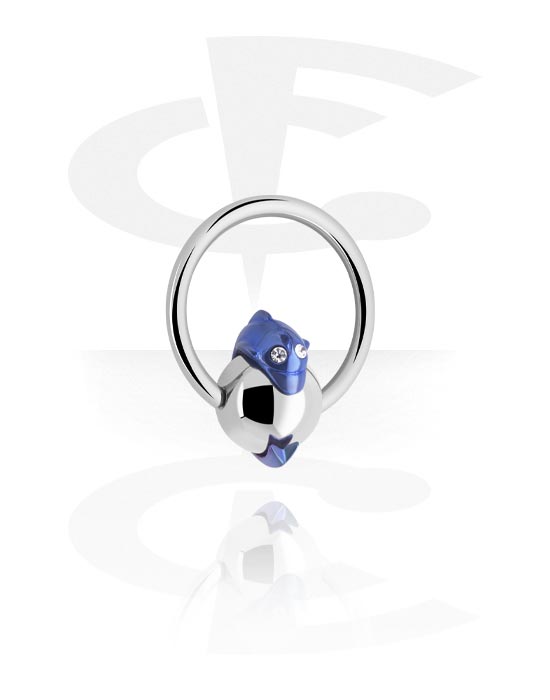 Piercing ad anello, Ball closure ring (acciaio chirurgico, argento, finitura lucida) con design delfino e cristallini, Acciaio chirurgico 316L