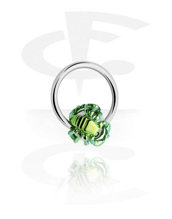Anéis piercing, Ball closure ring (aço cirúrgico, prata, acabamento brilhante) com design escorpião, Aço cirúrgico 316L