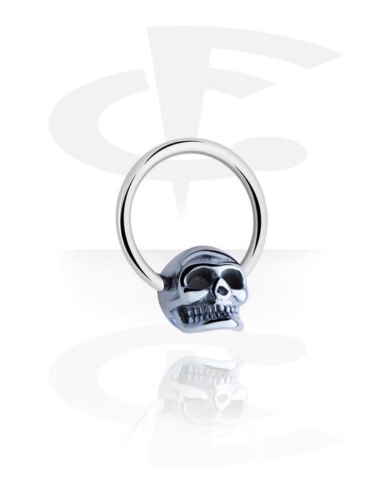 Anéis piercing, Ball closure ring (aço cirúrgico, prata, acabamento brilhante) com design caveira, Aço cirúrgico 316L