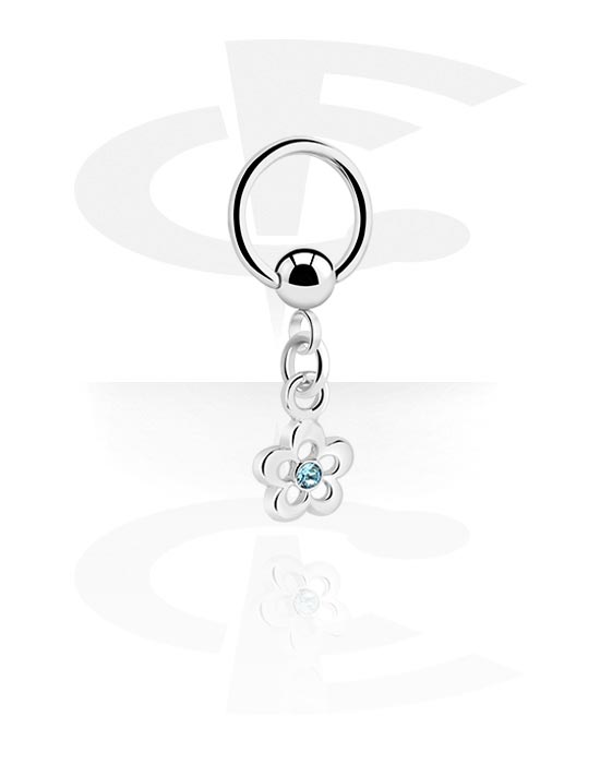 Piercing Rings, Ball closure ring (surgical steel, silver, shiny finish) with flower charm and crystal stone, Surgical Steel 316L, Plated Brass