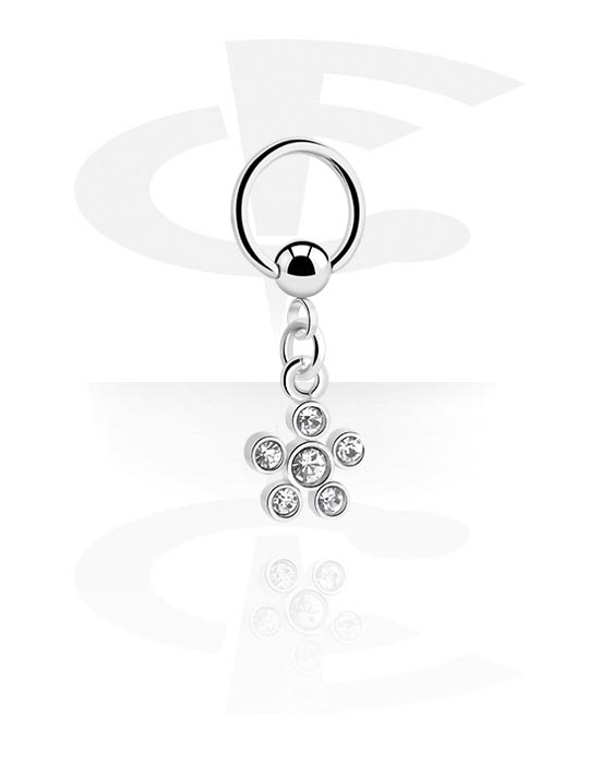Anneaux, Ball closure ring (acier chirurgical, argent, finition brillante) avec pendentif fleur et pierres en cristal, Acier chirurgical 316L, Laiton plaqué