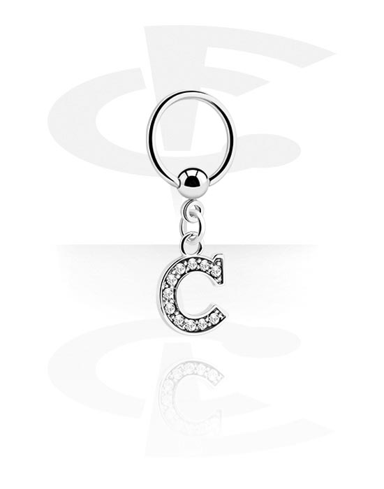 Piercing Ringe, Ring med kuglelukning (kirurgisk stål, sølv, blank finish) med charm med bogstavet C og krystaller, Kirurgisk stål 316L, Pletteret messing