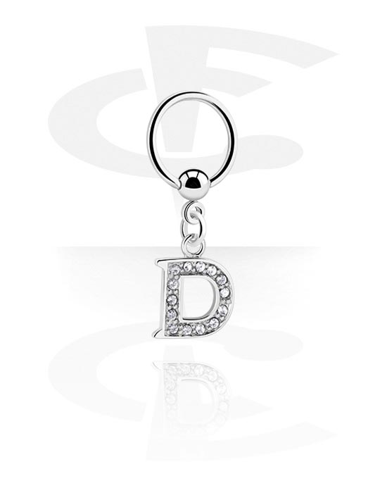 Piercing Rings, Ball closure ring (surgical steel, silver, shiny finish) with charm with letter "D" and crystal stones, Surgical Steel 316L, Plated Brass