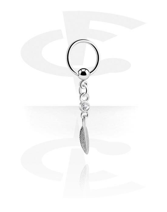 Piercing Rings, Ball closure ring (surgical steel, silver, shiny finish) with feather charm and crystal stone, Surgical Steel 316L, Plated Brass