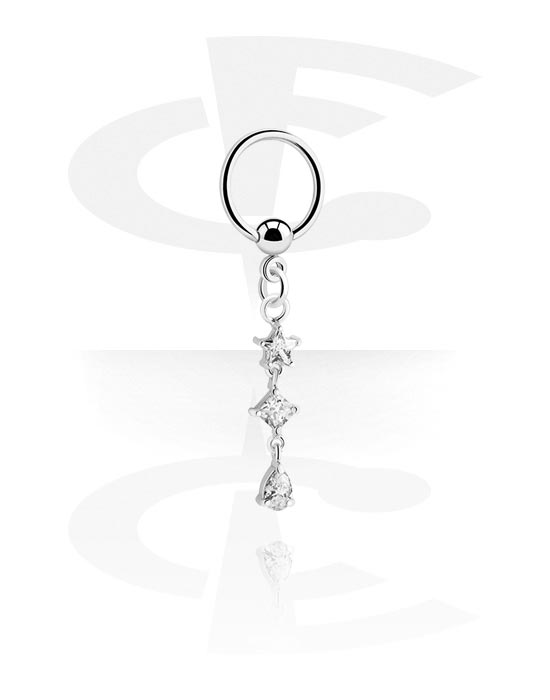 Anéis piercing, Ball closure ring (aço cirúrgico, prata, acabamento brilhante) com pendente e pedras de cristal, Aço cirúrgico 316L, Latão revestido