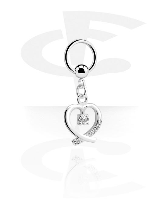 Anéis piercing, Ball closure ring (aço cirúrgico, prata, acabamento brilhante) com pendente coração e pedra de cristal, Aço cirúrgico 316L, Latão revestido