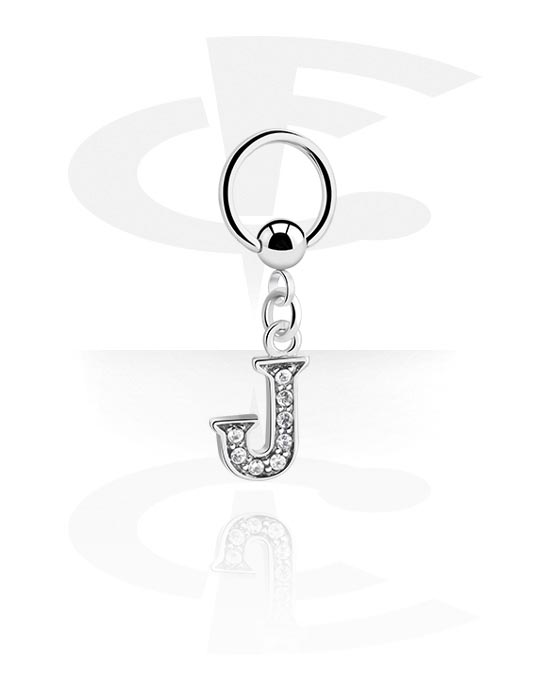 Piercing Rings, Ball closure ring (surgical steel, silver, shiny finish) with charm with letter "J" and crystal stones, Surgical Steel 316L, Plated Brass