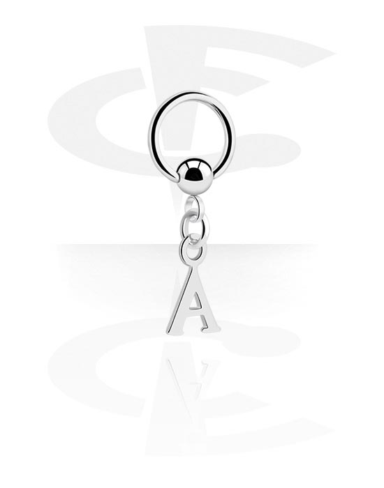 Anéis piercing, Ball closure ring (aço cirúrgico, prata, acabamento brilhante) com pendente com a letra "A", Aço cirúrgico 316L, Latão revestido