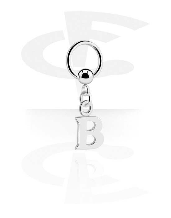 Alke za piercing, Prsten s kuglicom (kirurški čelik, srebrna, sjajna završna obrada) s privjeskom sa slovom "B", Kirurški čelik 316L, Obloženi mesing