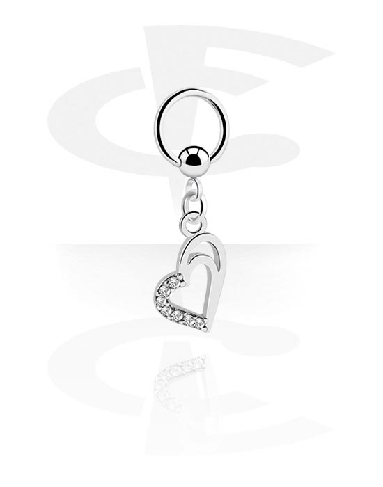 Piercing Rings, Ball closure ring (surgical steel, silver, shiny finish) with heart charm and crystal stones, Surgical Steel 316L, Plated Brass
