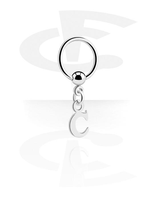 Anéis piercing, Ball closure ring (aço cirúrgico, prata, acabamento brilhante) com pendente com a letra "C", Aço cirúrgico 316L, Latão revestido
