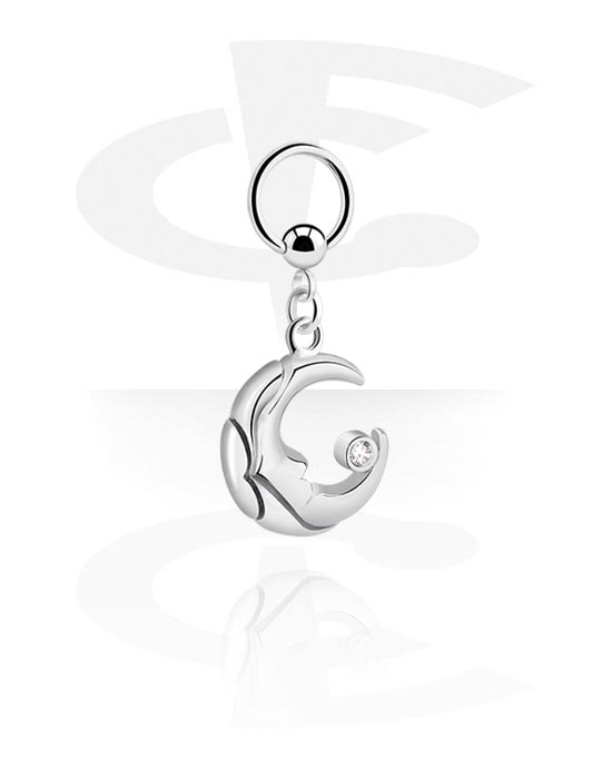 Piercing Rings, Ball closure ring (surgical steel, silver, shiny finish) with half moon charm and crystal stone, Surgical Steel 316L, Plated Brass