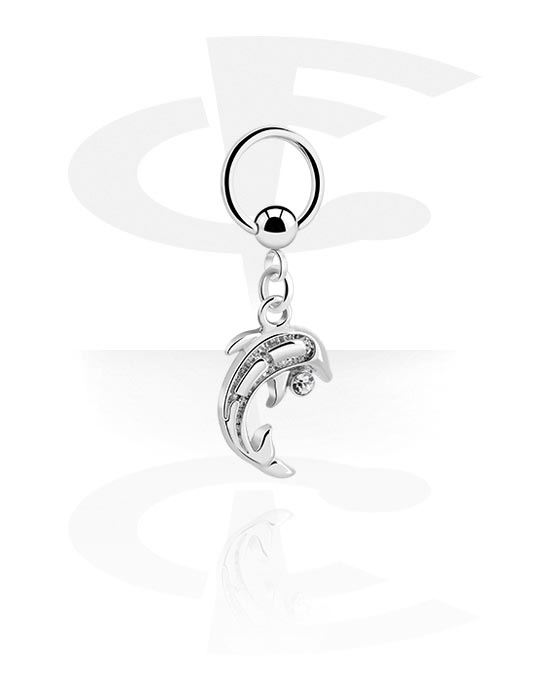 Anéis piercing, Ball closure ring (aço cirúrgico, prata, acabamento brilhante) com pendente golfinho e pedra de cristal, Aço cirúrgico 316L, Latão revestido