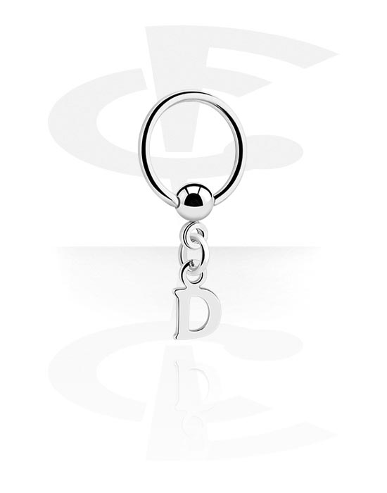 Anéis piercing, Ball closure ring (aço cirúrgico, prata, acabamento brilhante) com pendente com a letra "D", Aço cirúrgico 316L, Latão revestido