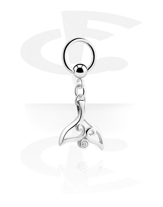 Piercingringar, Ball closure ring (surgical steel, silver, shiny finish) med whale fin charm och kristallsten, Kirurgiskt stål 316L, Överdragen mässing