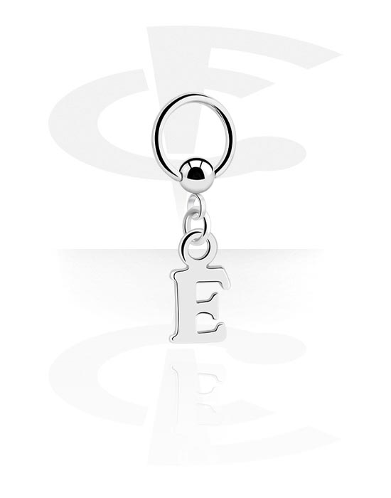 Piercingové kroužky, Kroužek s kuličkou (chirurgická ocel, stříbrná, lesklý povrch) s přívěskem s písmenem „E“, Chirurgická ocel 316L, Pokovená mosaz