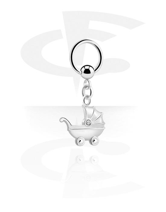 Piercingové kroužky, Kroužek s kuličkou (chirurgická ocel, stříbrná, lesklý povrch) s přívěskem kočárek a krystalovým kamínkem, Chirurgická ocel 316L, Pokovená mosaz
