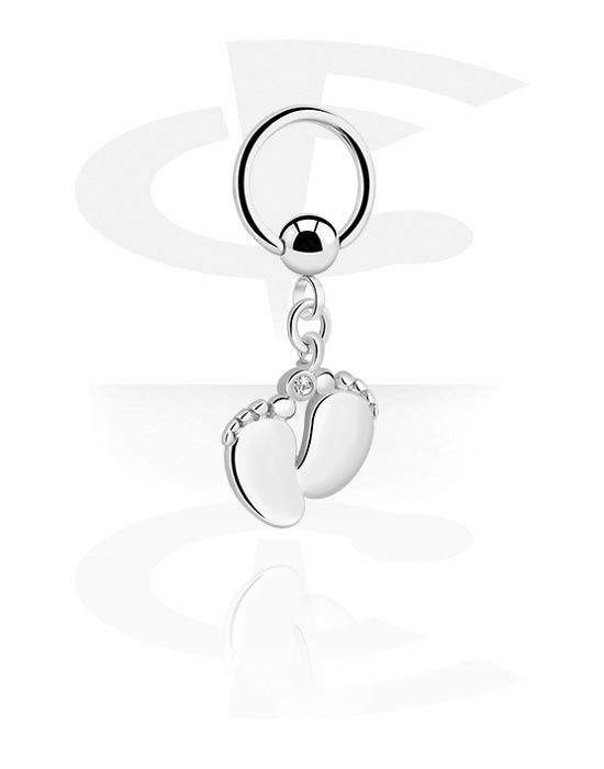 Anéis piercing, Ball closure ring (aço cirúrgico, prata, acabamento brilhante) com pendente pé, Aço cirúrgico 316L, Latão revestido