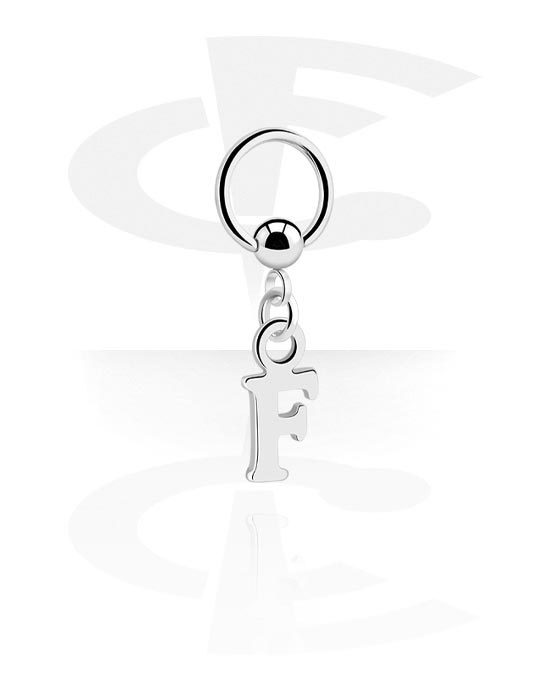Alke za piercing, Prsten s kuglicom (kirurški čelik, srebrna, sjajna završna obrada) s privjeskom sa slovom "F", Kirurški čelik 316L, Obloženi mesing