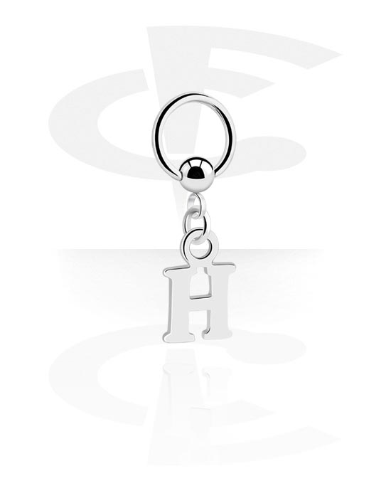 Piercingové kroužky, Kroužek s kuličkou (chirurgická ocel, stříbrná, lesklý povrch) s přívěskem s písmenem „H“, Chirurgická ocel 316L, Pokovená mosaz