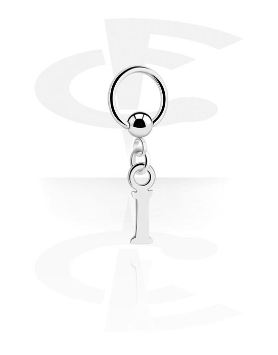 Piercing Ringe, Ring med kuglelukning (kirurgisk stål, sølv, blank finish) med charm med bogstavet I, Kirurgisk stål 316L, Pletteret messing