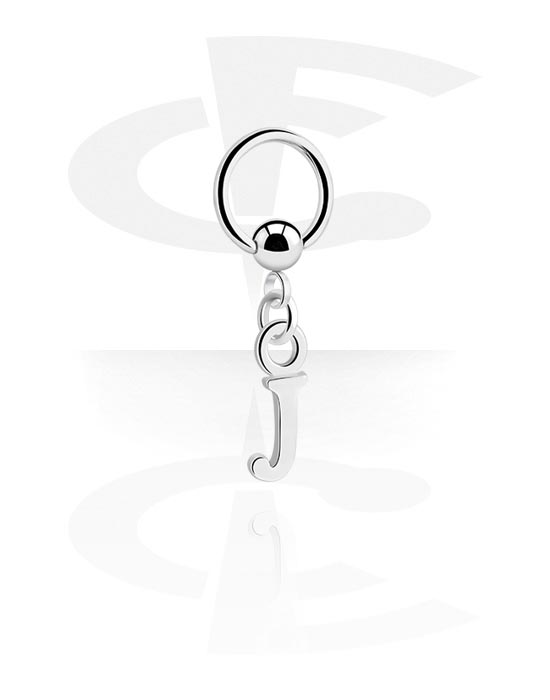 Anéis piercing, Ball closure ring (aço cirúrgico, prata, acabamento brilhante) com pendente com a letra "J", Aço cirúrgico 316L, Latão revestido