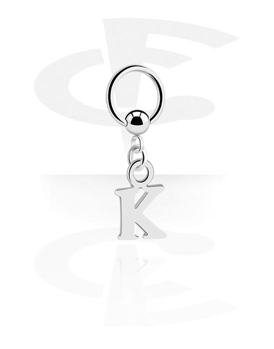 Alke za piercing, Prsten s kuglicom (kirurški čelik, srebrna, sjajna završna obrada) s privjeskom sa slovom "K", Kirurški čelik 316L, Obloženi mesing