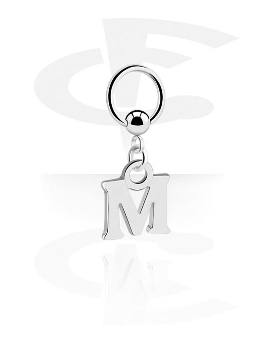 Pírsingové krúžky, Krúžok s guľôčkou (chirurgická oceľ, strieborná, lesklý povrch) s príveskom s písmenom „M“, Chirurgická oceľ 316L, Pokovaná mosadz