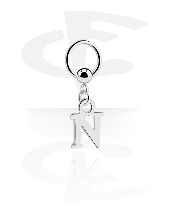 Piercing Rings, Ball closure ring (surgical steel, silver, shiny finish) with charm with letter "N", Surgical Steel 316L, Plated Brass
