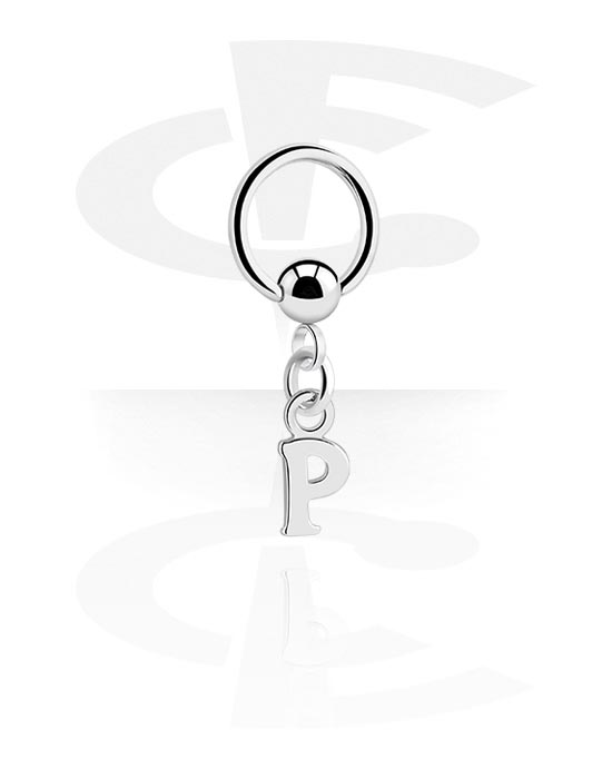 Piercing Rings, Ball closure ring (surgical steel, silver, shiny finish) with charm with letter "P", Surgical Steel 316L, Plated Brass