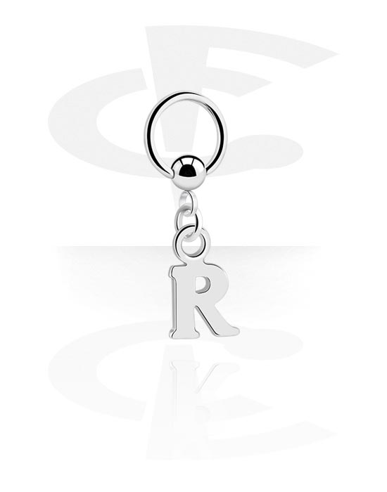 Anéis piercing, Ball closure ring (aço cirúrgico, prata, acabamento brilhante) com pendente com a letra "R", Aço cirúrgico 316L, Latão revestido