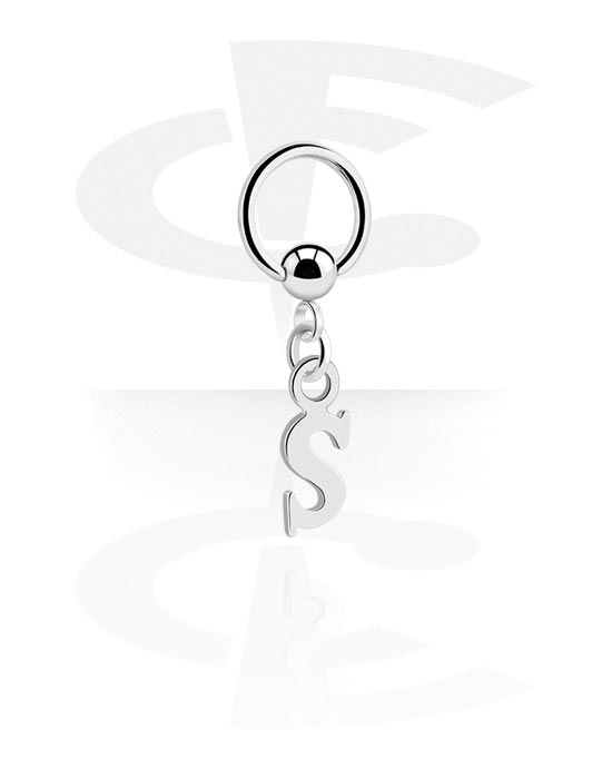 Alke za piercing, Prsten s kuglicom (kirurški čelik, srebrna, sjajna završna obrada) s privjeskom sa slovom "S", Kirurški čelik 316L, Obloženi mesing