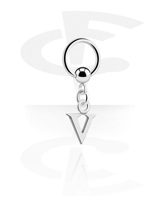 Anéis piercing, Ball closure ring (aço cirúrgico, prata, acabamento brilhante) com pendente com a letra "V", Aço cirúrgico 316L, Latão revestido