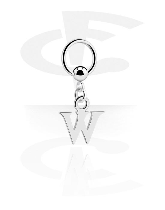 Piercing Rings, Ball closure ring (surgical steel, silver, shiny finish) with charm with letter "W", Surgical Steel 316L, Plated Brass