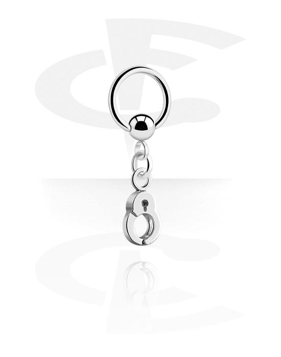 Piercing Rings, Ball closure ring (surgical steel, silver, shiny finish) with handcuff charm, Surgical Steel 316L, Plated Brass