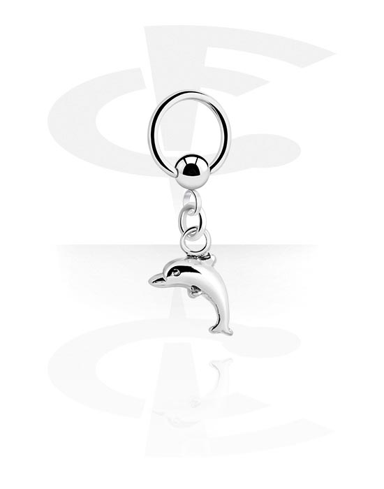 Anéis piercing, Ball closure ring (aço cirúrgico, prata, acabamento brilhante) com pendente golfinho, Aço cirúrgico 316L, Latão revestido