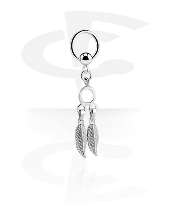Piercing Rings, Ball closure ring (surgical steel, silver, shiny finish) with feather charm, Surgical Steel 316L, Plated Brass