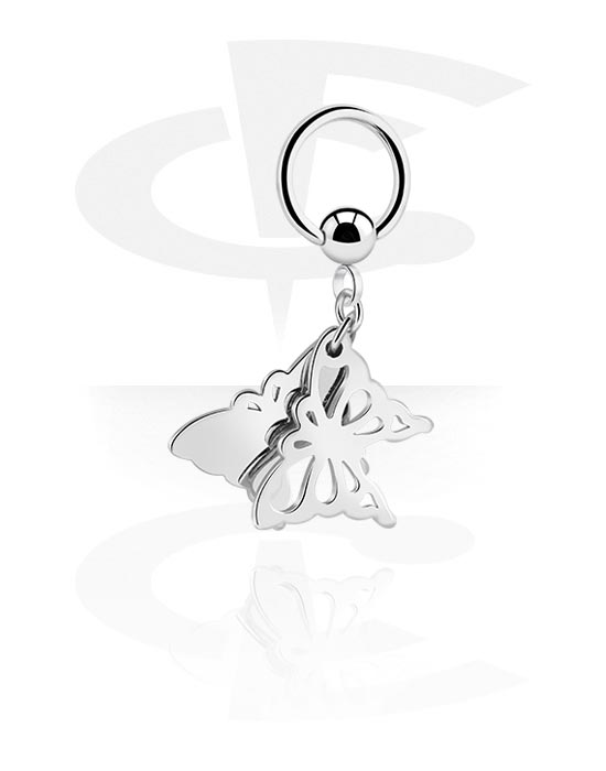 Piercing Rings, Ball closure ring (surgical steel, silver, shiny finish) with butterfly charm, Surgical Steel 316L, Plated Brass