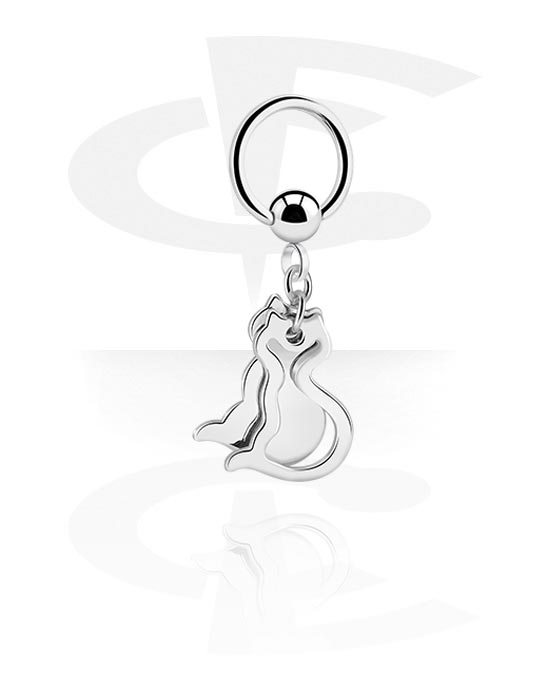 Piercingringar, Ball closure ring (surgical steel, silver, shiny finish) med cat charm, Kirurgiskt stål 316L, Överdragen mässing