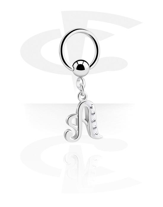 Piercing Rings, Ball closure ring (surgical steel, silver, shiny finish) with charm with letter "A" and crystal stones, Surgical Steel 316L, Plated Brass