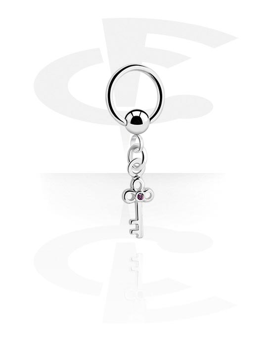 Anéis piercing, Ball closure ring (aço cirúrgico, prata, acabamento brilhante) com acessório chave e pedra de cristal, Aço cirúrgico 316L, Latão revestido