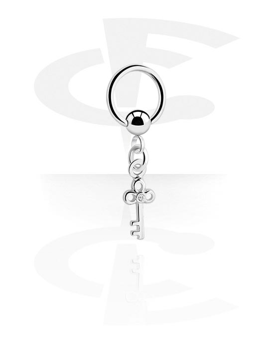 Piercing Rings, Ball closure ring (surgical steel, silver, shiny finish) with key charm and crystal stone, Surgical Steel 316L, Plated Brass
